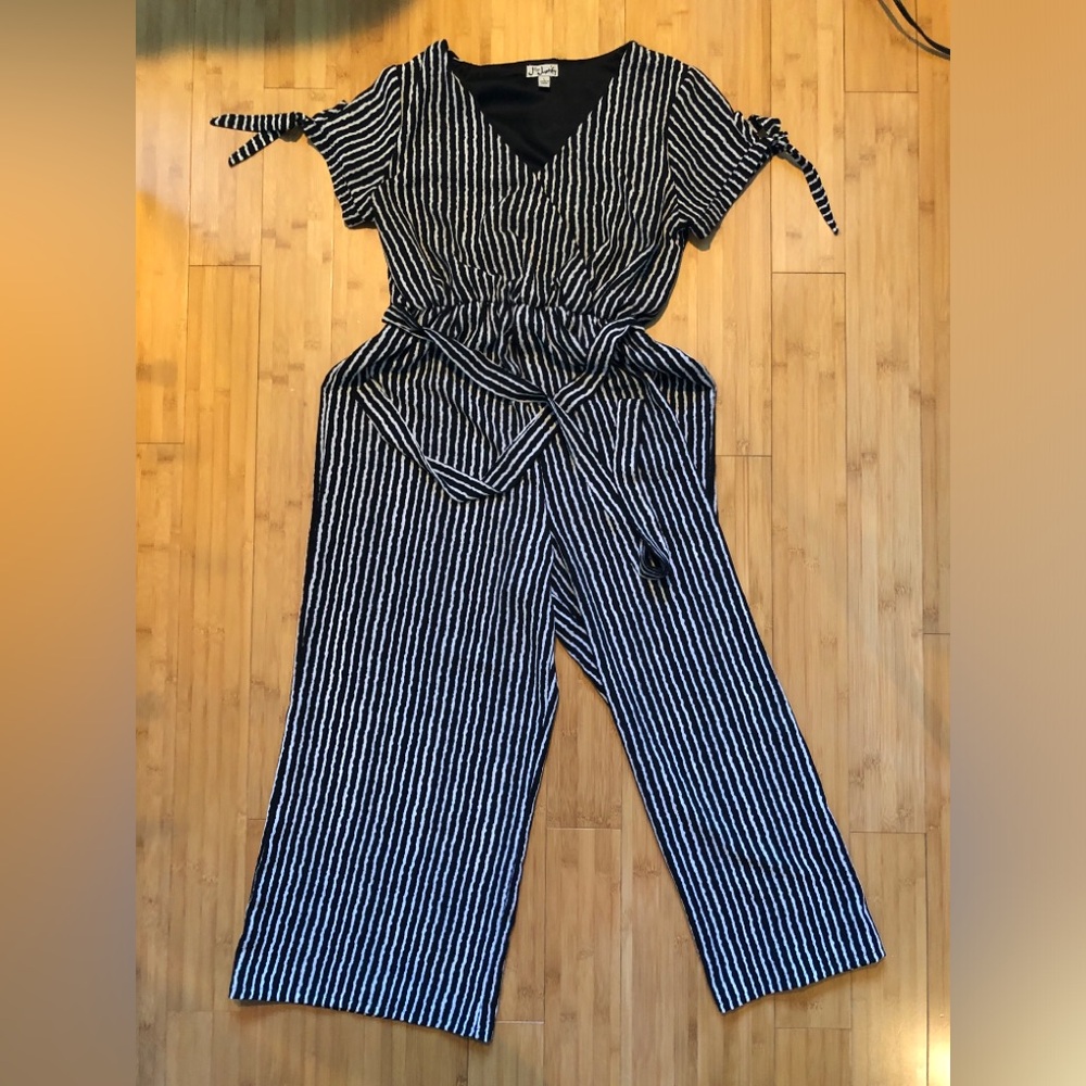 Black & White Striped V-Neck Wide-Leg Jumpsuit
